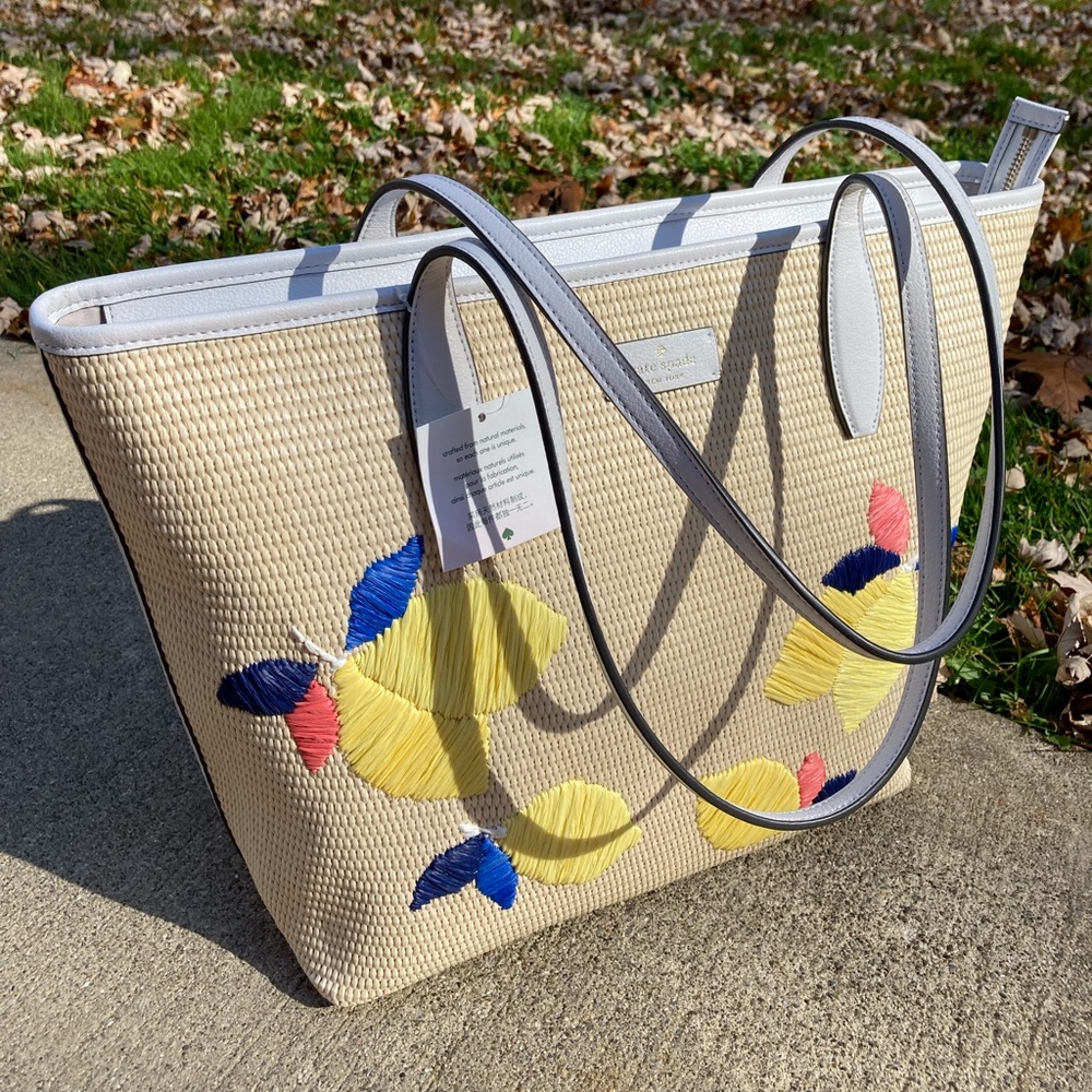 Kate Spade Large Tote Ash Straw Lemon Zest Straw and Leather Bag Lemon Print Bag - Picture 17 of 17